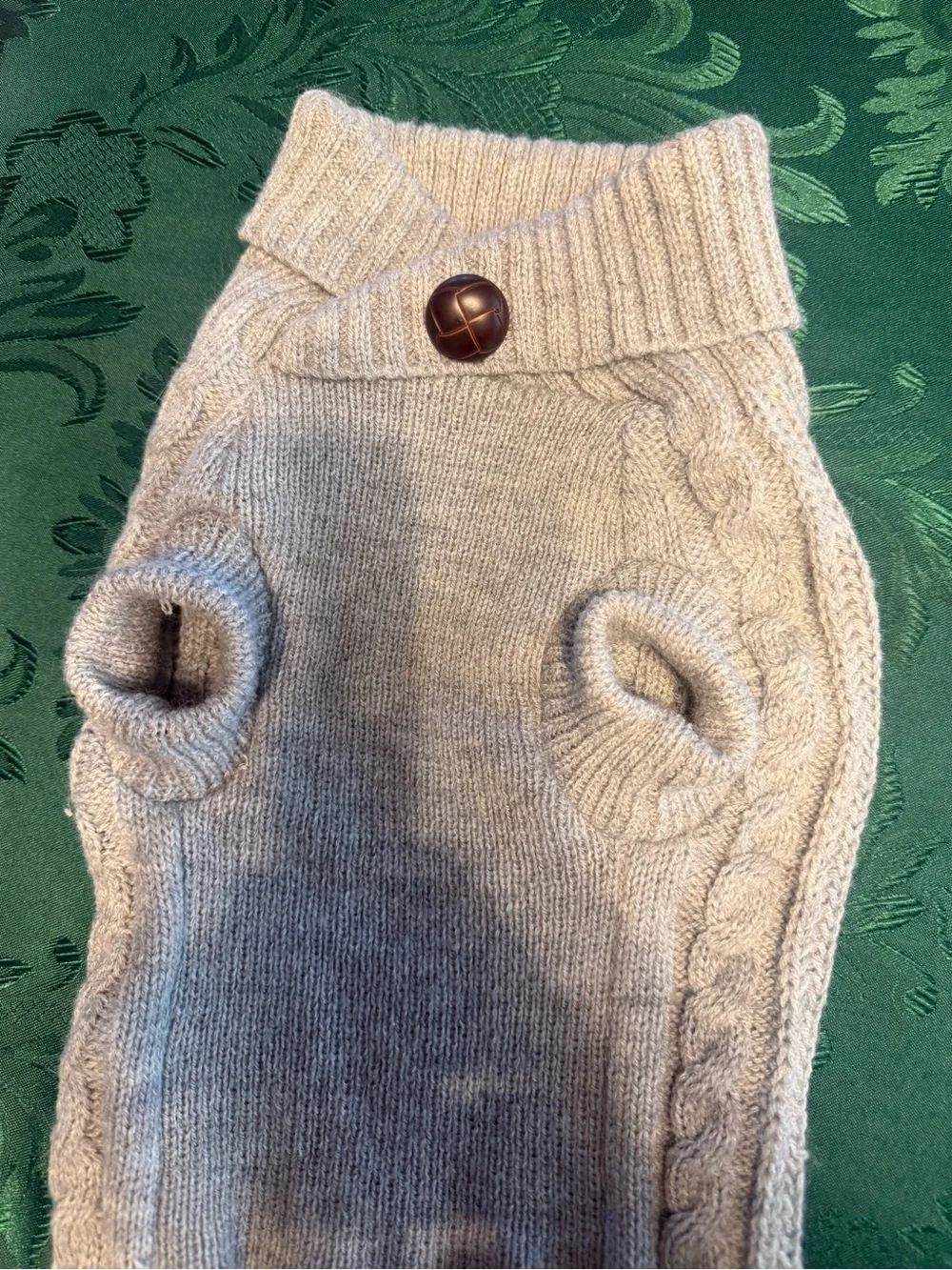 Soft grey Cable-Detail dogSweater with Button Collar